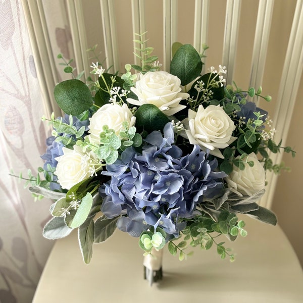 Boho wedding bouquet, Dusty blue hydrangea premium ivory real touch roses & greenery bridal bouquet, eucalyptus sage bridesmaid flowers