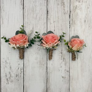 Peach Rose Boutonniere with Eucalyptus, Faux Silk Wedding Corsage