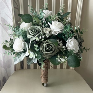 Boho bridal bouquet, soft sage green & white roses with greenery wedding bouquet, eucalyptus classic bridesmaids, wrist corsage, boutonnière