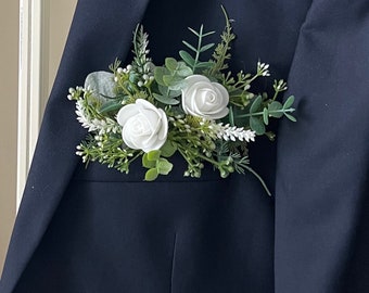 Pocket square boutonnière with roses & greenery eucalyptus seeds, fern lambs ear,wedding boutonnieres, faux silk homecoming prom boutonnière