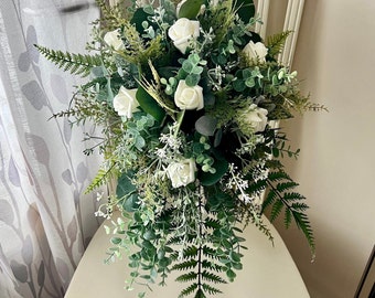 Cascade ivory rose greenery bridal bouquet, fern sage eucalyptus cascade wedding bouquet, boho wedding flowers, bridesmaid bouquet