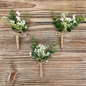 Rustic boutonniere with babies breath & eucalyptus, silk wedding flower boutonnieres, faux boutonniere