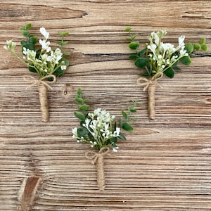 Rustic boutonniere with babies breath & eucalyptus, silk wedding flower boutonnieres, faux boutonniere