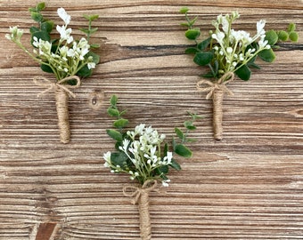 Rustic boutonniere with babies breath & eucalyptus, silk wedding flower boutonnieres, faux boutonniere