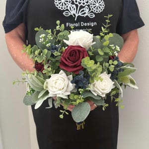 Bridal bouquet with real touch white roses, burgundy roses & navy babies breath eucalyptus greenery, boutonnières bridesmaid wedding flowers