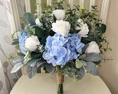 Boho Wedding Bouquet, Premium White Rose Sky Light Baby Blue