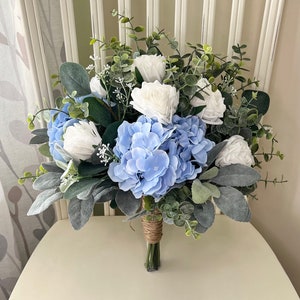 Boho wedding bouquet, premium white rose sky light baby blue hydrangea & greenery bridal bouquet, eucalyptus sage bridesmaid flowers