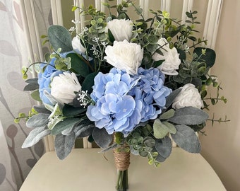 Boho wedding bouquet, premium white rose sky light baby blue hydrangea & greenery bridal bouquet, eucalyptus sage bridesmaid flowers