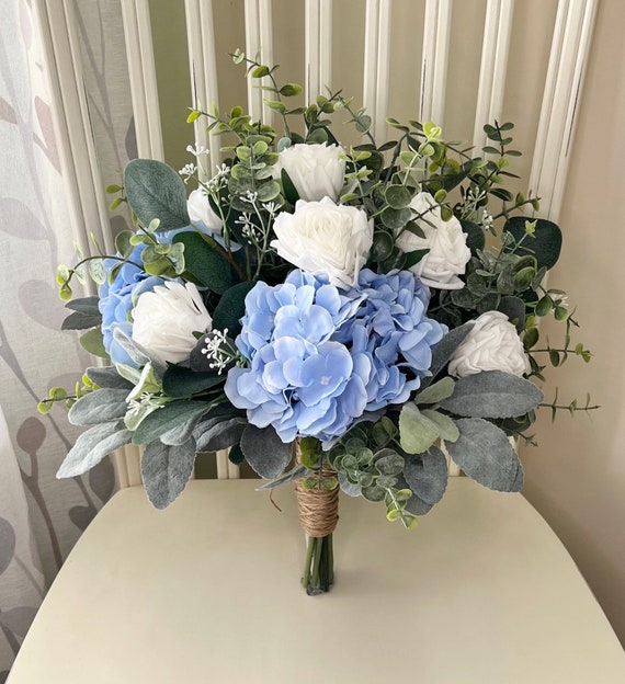 Boho Wedding Bouquet, Premium White Rose Sky Light Baby Blue