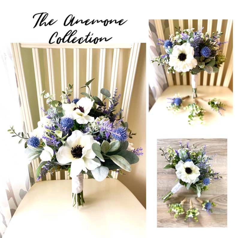 Boho bridal bouquet, blue wild flower wedding bouquet, anemone silk flower wedding bouquet, lavender & eucalyptus wedding flowers image 3