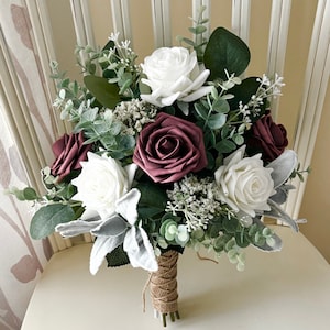 Boho Bridal bouquet mauve & white roses greenery wedding ,rosewood artificial eucalyptus sage bridesmaids desert rose, corsage, boutonnières