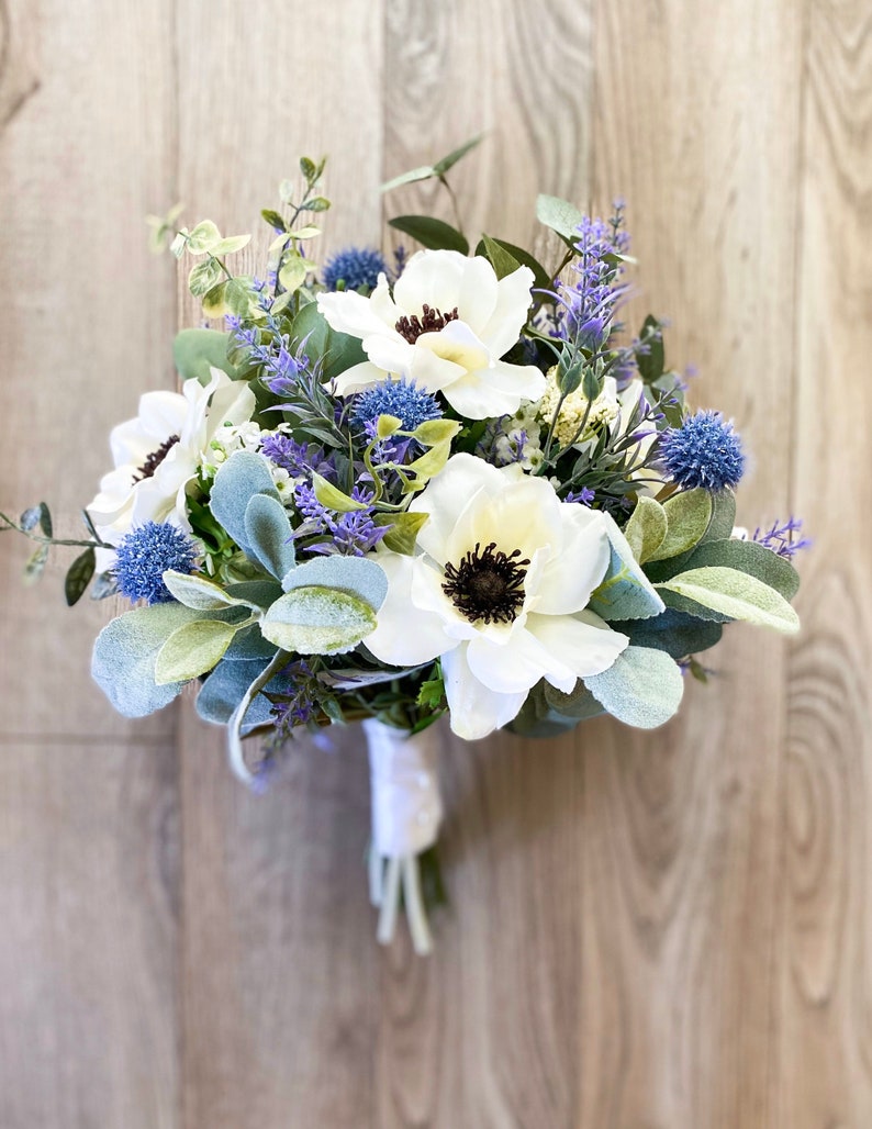 Boho bridal bouquet, blue wild flower wedding bouquet, anemone silk flower wedding bouquet, lavender & eucalyptus wedding flowers image 6