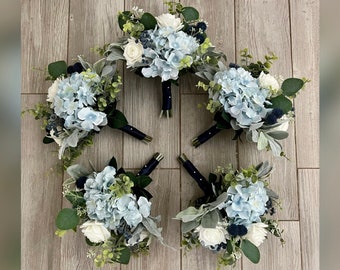 Boho dusty blue and navy bridesmaids bouquet premium white real touch roses hydrangea blue thistle accent wedding flowers & bridal bouquet