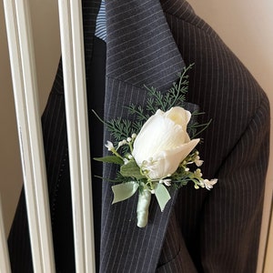 Rose bud boutonniere with fern, realistic ivory rose wedding boutonnieres, faux silk homecoming boutonniere, real touch prom boutonniere image 5
