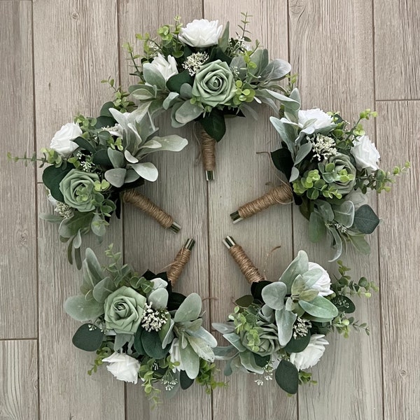 Boho bridesmaid bouquet, soft sage green & white roses with greenery wedding bouquet, eucalyptus garden bridal, wrist corsage, boutonnière