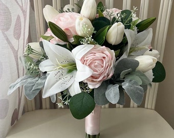 Blush Pink Bridal Bouquet, Casablanca Lily & Ivory Tulips, Silk Wedding Flowers