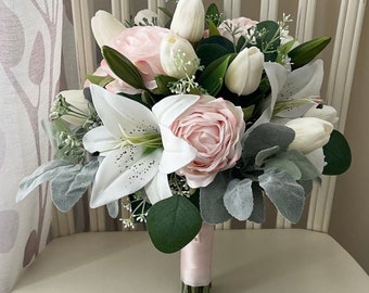 Blush pink bridal bouquet, white & greenery wedding bouquet, real touch Casablanca lily and ivory tulips silk bridesmaid flowers