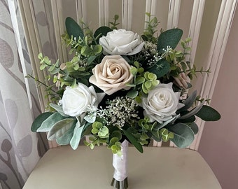 White & beige rose bridal bouquet with greenery wedding bouquet, eucalyptus classic bridesmaids, wrist corsage, boutonnière