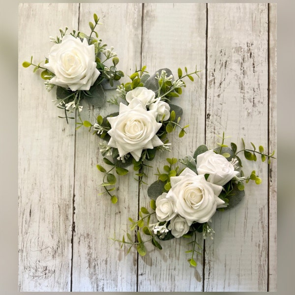 Boho rose cake flowers, set of 3 eucalyptus wedding cake arrangement, side piece for one tier cake, cake topper, white wedding flowers
