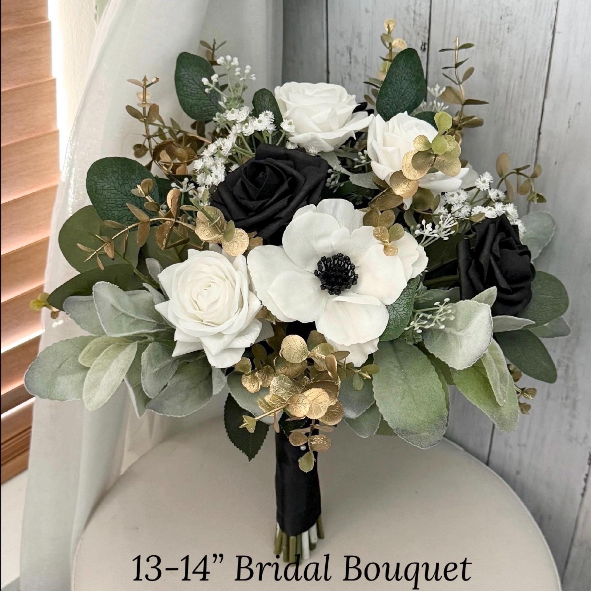 Boho White Bridal Bouquet, Black Rose Wedding Bouquet, Silk