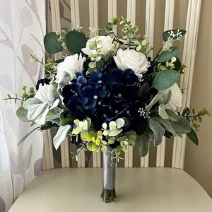 Boho navy wedding bouquet, blue hydrangea premium white roses & greenery bridal,eucalyptus sage bridesmaids wedding party flowers