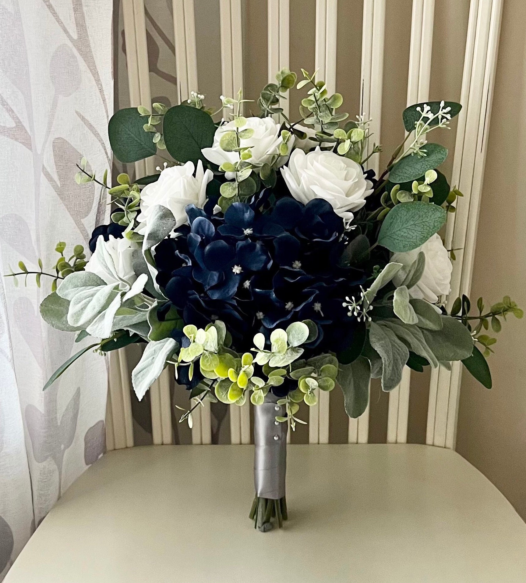 Boho Navy Wedding Bouquet, Blue Hydrangea Premium White