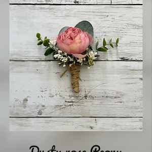 Peony boutonniere with eucalyptus, ivory cream wedding boutonnieres, faux silk blush pink homecoming boutonniere, dusty purple prom image 8