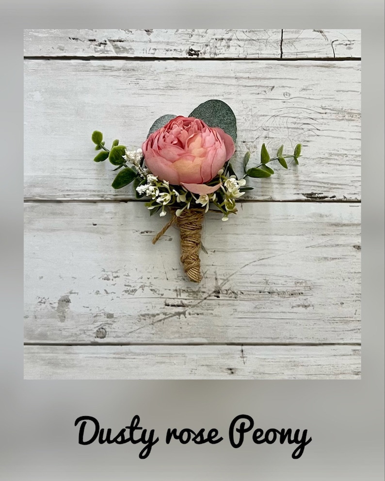 Peony boutonniere with eucalyptus, ivory cream wedding boutonnieres, faux silk blush pink homecoming boutonniere, dusty purple prom image 8