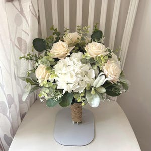 Boho bridal bouquets, premium champagne roses, off white hydrangea & greenery bridal bouquet, wrist corsage, eucalyptus sage wedding flowers