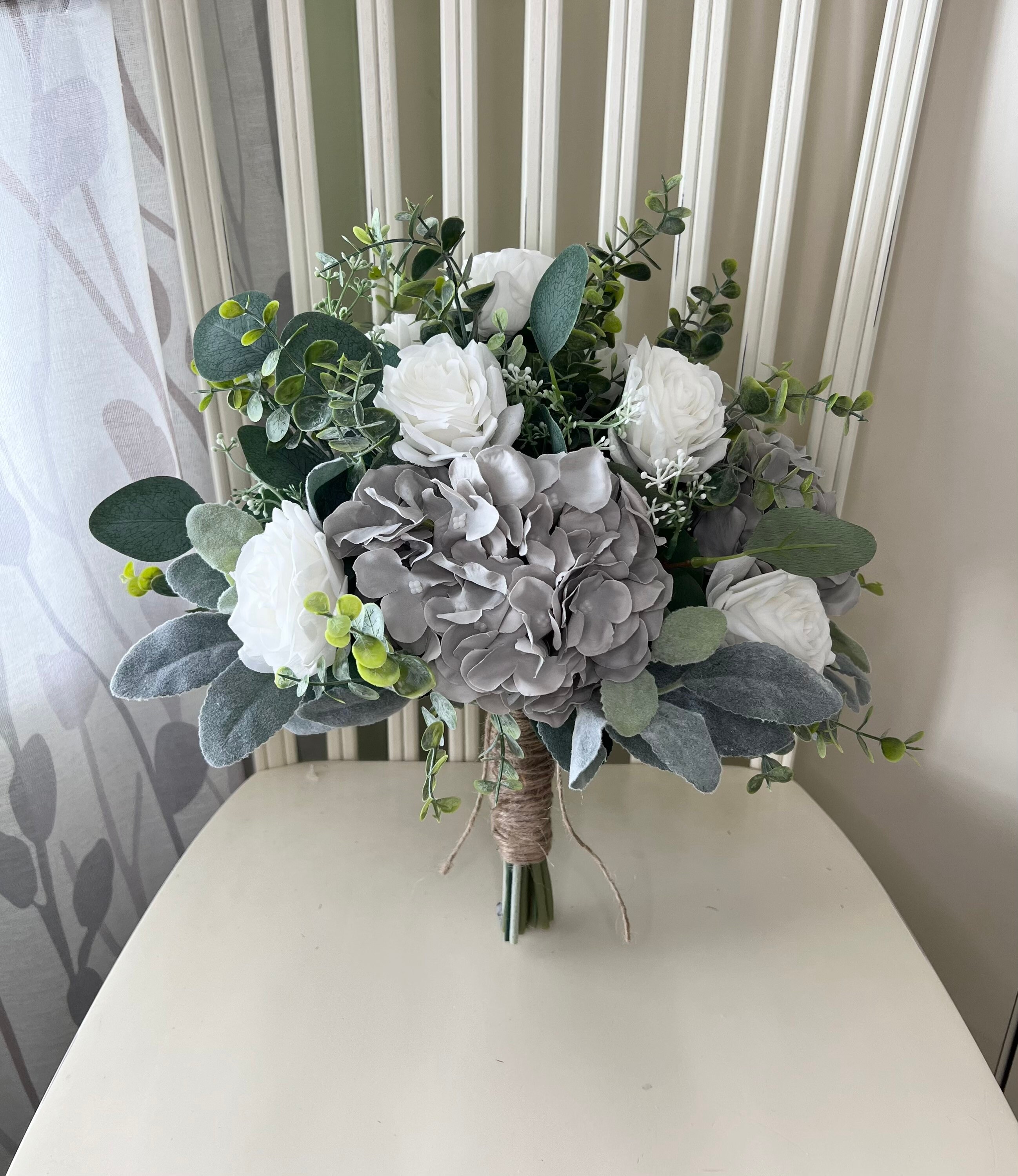 Boho Bridal Bouquet, Premium White Rose, Antique Gray Hydrangea 