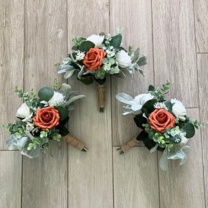 Boho bridesmaid bouquet, burnt orange terracotta, white roses & greenery bridal bouquet, eucalyptus sage wedding bouquet, boutonnières