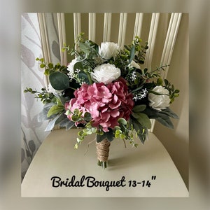 Boho wedding bouquet, mauve hydrangea white roses & greenery bridal bouquet, dusty rose wedding bouquet, eucalyptus sage bridesmaid flowers image 2