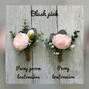 Peony boutonniere with eucalyptus, ivory cream wedding boutonnieres, faux silk blush pink homecoming boutonniere, dusty purple prom image 7