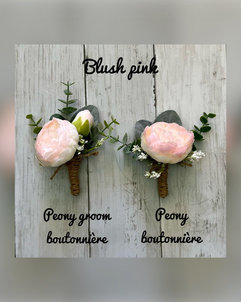 Peony boutonniere with eucalyptus, ivory cream wedding boutonnieres, faux silk blush pink homecoming boutonniere, dusty purple prom image 7