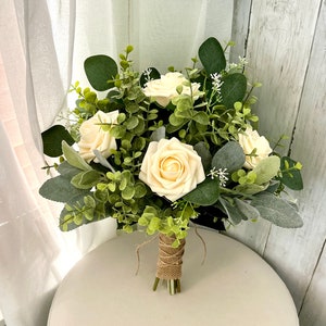 Boho cream rose greenery wedding bouquet eucalyptus lambs ear bridal bouquet seeded silver dollar bridesmaids flowers
