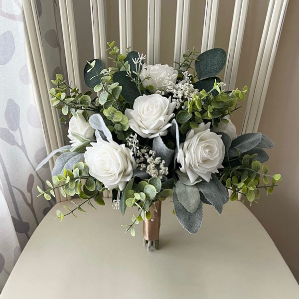 Boho White Rose Wedding Bouquet, Silk Bridal Flowers