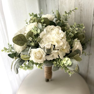 Boho wedding bouquet, white hydrangea premium white roses & greenery bridal bouquet, wedding bouquet, eucalyptus sage bridesmaid flowers