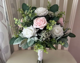 Boho bridal bouquet,blush pink & white roses with greenery wedding bouquet, eucalyptus classic bridesmaids, wrist corsage, boutonnière