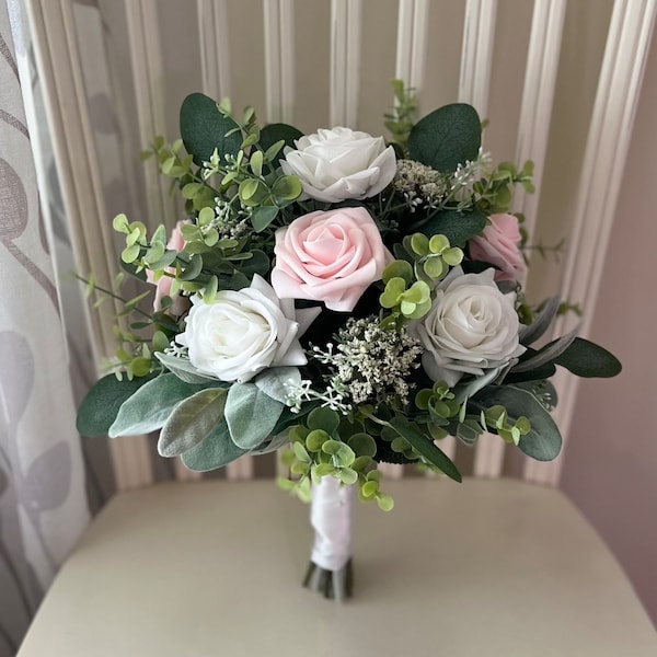 Boho bridal bouquet,blush pink & white roses with greenery wedding bouquet, eucalyptus classic bridesmaids, wrist corsage, boutonnière