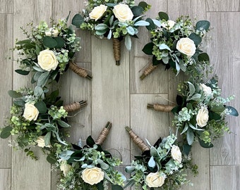 Boho cream bridesmaid bouquet eucalyptus lambs ear bridal bouquet seeded silver dollar greenery wedding flowers