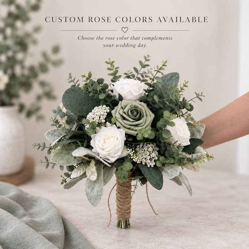 Op de afbeelding: Een bloemenboeket met witte en saliegroene rozen, kleine witte vulbloemen en diverse groene eucalyptusbladeren. De stelen zijn omwikkeld met natuurlijk bruin touw. De tekst bovenaan luidt: CUSTOM ROSE COLORS AVAILABLE.