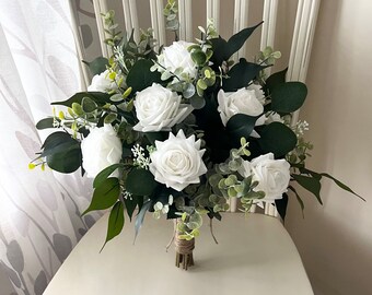 Boho wedding bouquet, premium white roses & dark greenery bridal bouquet, eucalyptus  wedding bouquet, ficus silk faux bridesmaid flowers
