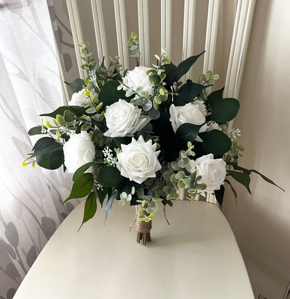 Boho Wedding Bouquet Premium White Roses u0026 Dark Greenery - Etsy UK
