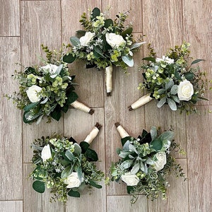 Boho ivory rose greenery bridesmaid bouquet eucalyptus  bridal wedding bouquet, Lambs ear sage boutonnière, wrist corsage ivory satin ribbon