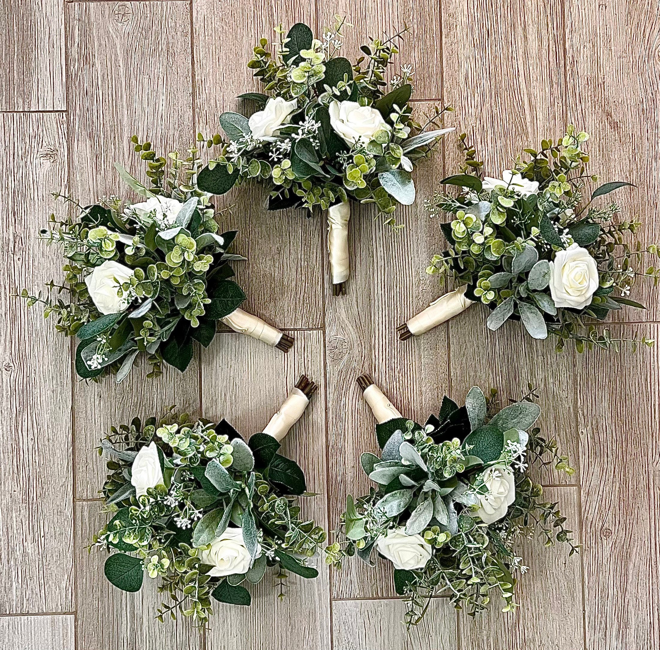 Boho ivory rose greenery bridesmaid bouquet eucalyptus  bridal wedding bouquet, Lambs ear sage boutonnière, wrist corsage ivory satin ribbon