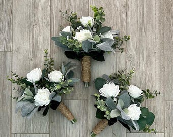 Boho bridesmaids bouquet, premium white roses & greenery bridal bouquet, sage eucalyptus wedding bouquet, bridal flowers