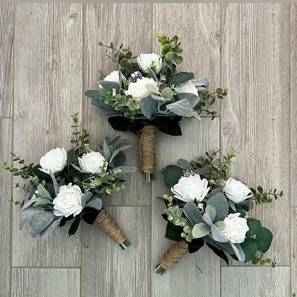 Boho Bridesmaid Bouquet, White Roses, Sage Eucalyptus Wedding Flowers