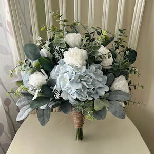 Boho wedding bouquet, dusty blue hydrangea premium white roses & greenery bridal bouquet, eucalyptus sage bridesmaid flowers