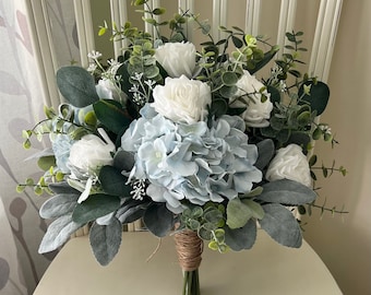 Boho wedding bouquet, dusty blue hydrangea premium white roses & greenery bridal bouquet, eucalyptus sage bridesmaid flowers