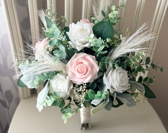 Boho wedding bouquet, blush pink & white roses faux pampas grass, greenery bridal bouquet, eucalyptus sage bridesmaid flowers, boutonnières